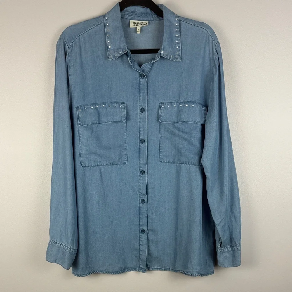 Hester & Orchard 100% Tencel Casual Blue Denim Studded Long Sleeve Medium Blouse - Picture 2 of 11